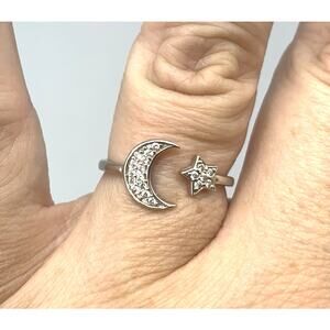 925 Sterling Silver Moon And Star Ring, Size 5.5 CZ Or Diamonds, Moon Star Band